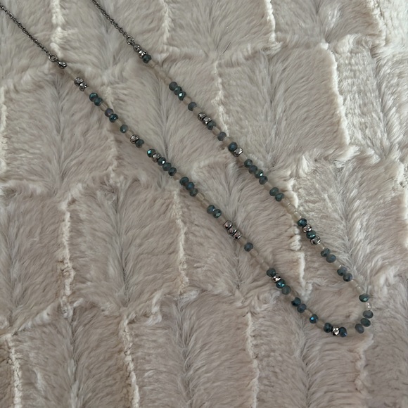 Long necklace with blue iridescent beads and clear matte beads… - Picture 2 of 4